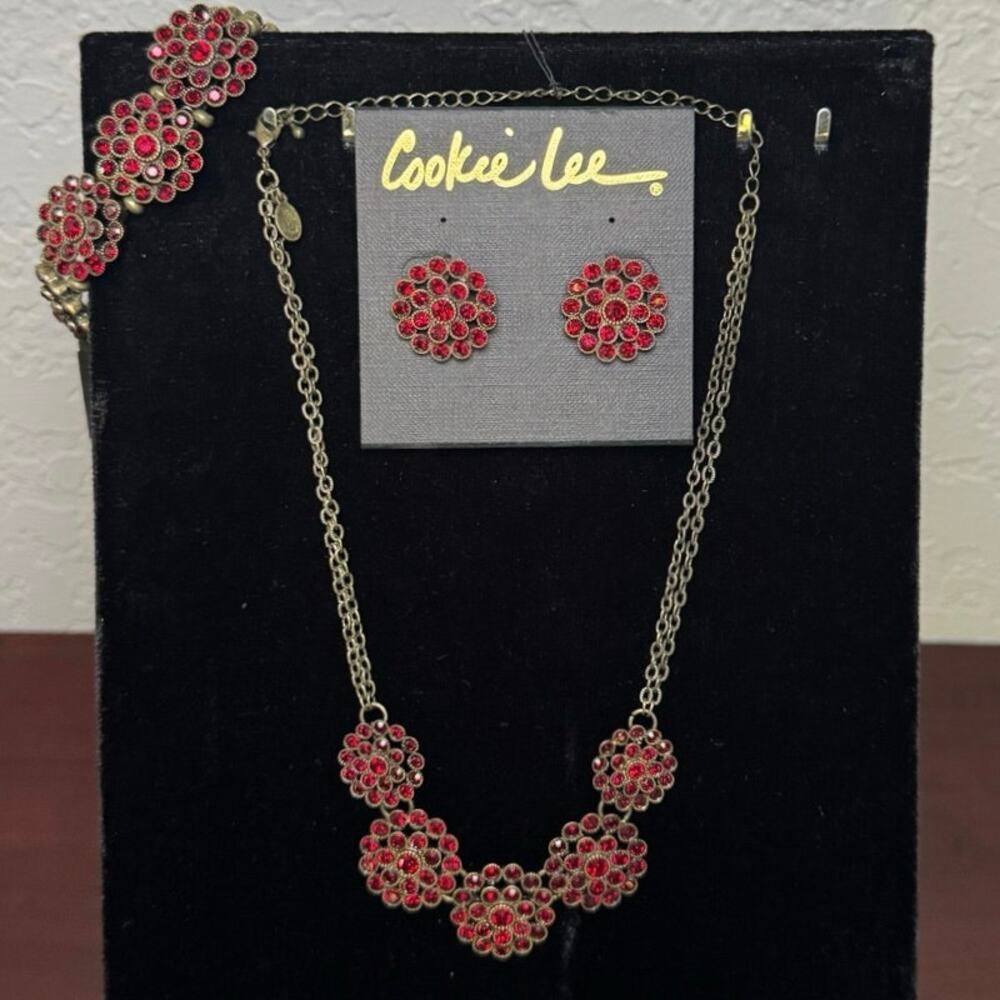Cookie Lee Red Crystal Floral Necklace & Earrings‎ Set Bronze Tone Jewelry